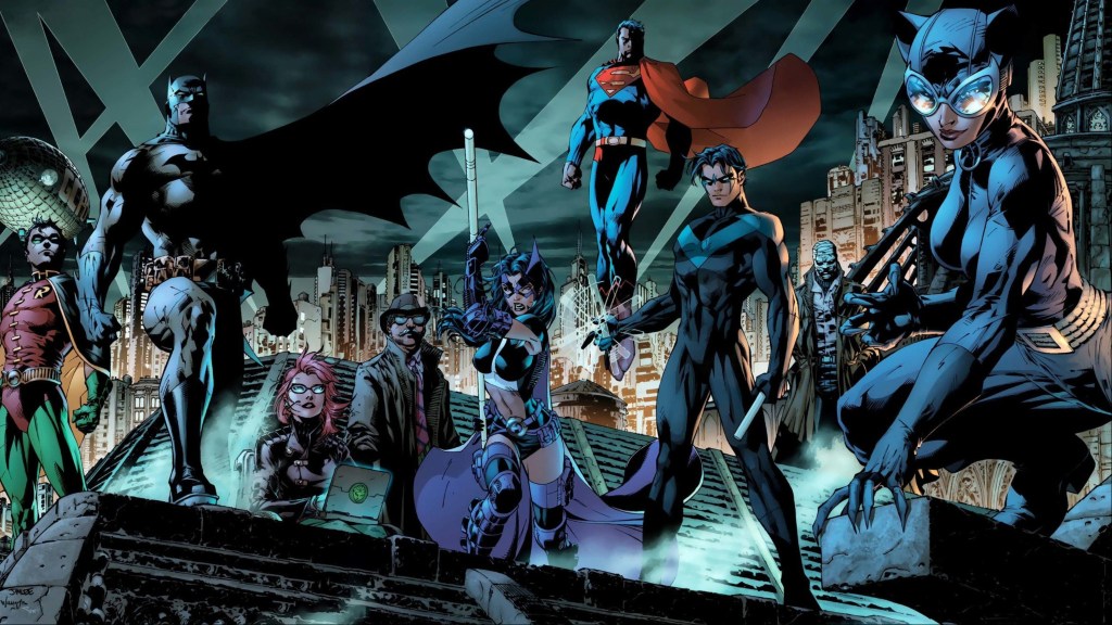 Tim Drake, Batman, Barbara Gordon, Jim Gordon, Huntress, Superman, Hush, Nightwing, and Catwoman stand together on a rooftop in Gotham City