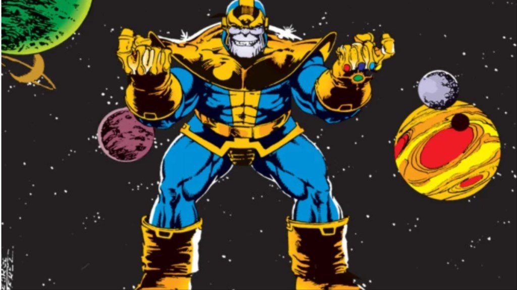 Thanos in space gesturing for everyone to come and get him on the cover of Infinity Gauntlet #4