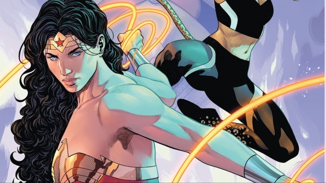 Wonder Woman swinging the Lasso of Truth with Cheetah behind her on the cover of Wonder Woman #18