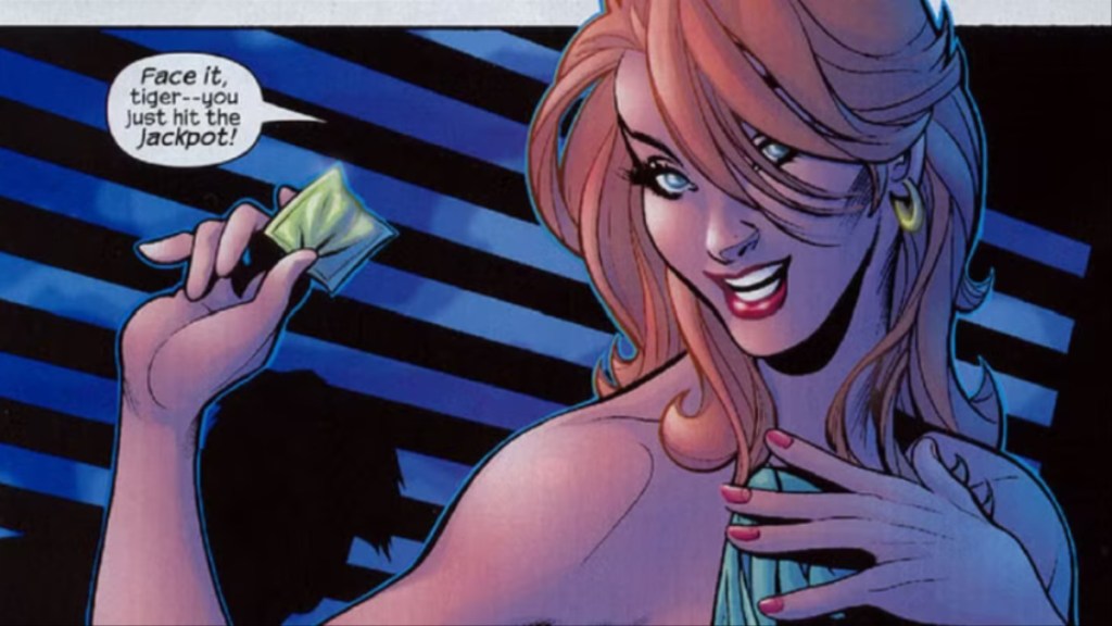 May Parker with a condom telling Richard Parker he's hit the jackpot from the comic Trouble