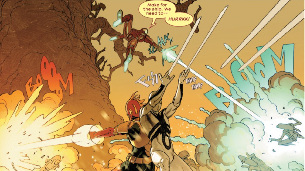 Iron Man, Captain Marvel, and Miles Morales figting Xenomorphs in Aliens Vs. Avengers #3