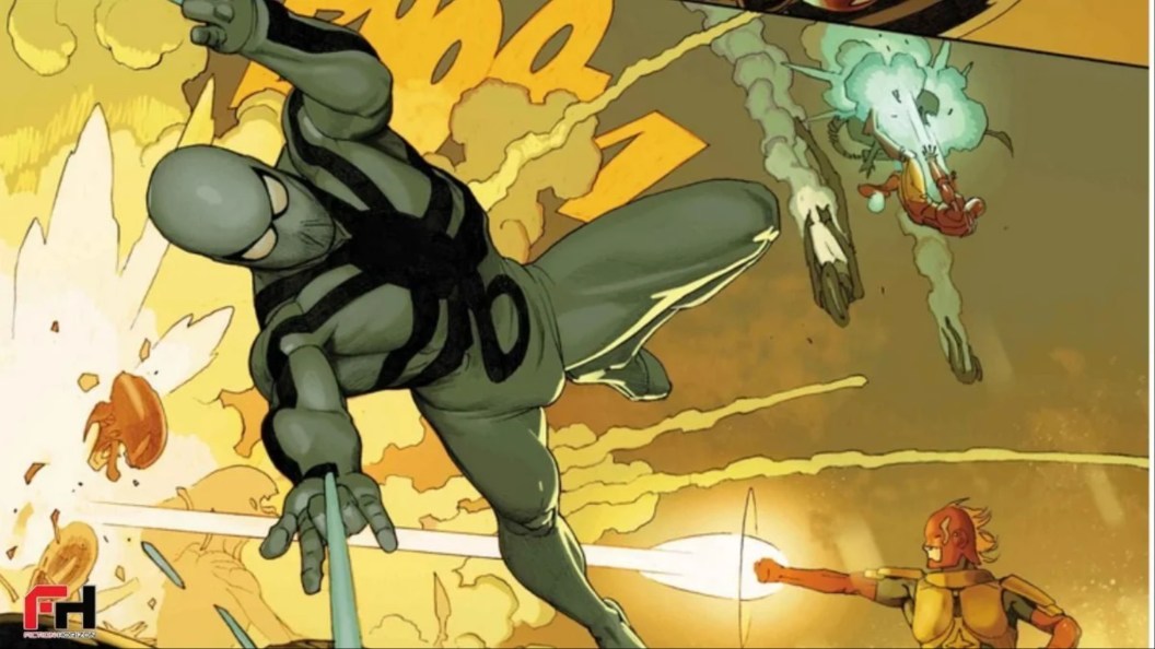 Miles Morales, Captain Marvel, and Iron Man fighting Zenomorphs in Aliens Vs. Avengers #3