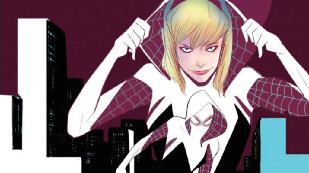 Spider-Gwen mettant son costume sur la couverture de Edge of Spider-Verse