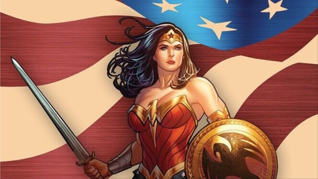 Wonder Woman holding her sword in front of an American flag by arist Frank Cho