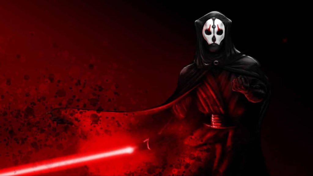 Darth Nihilus holding his lightsaber and pointing