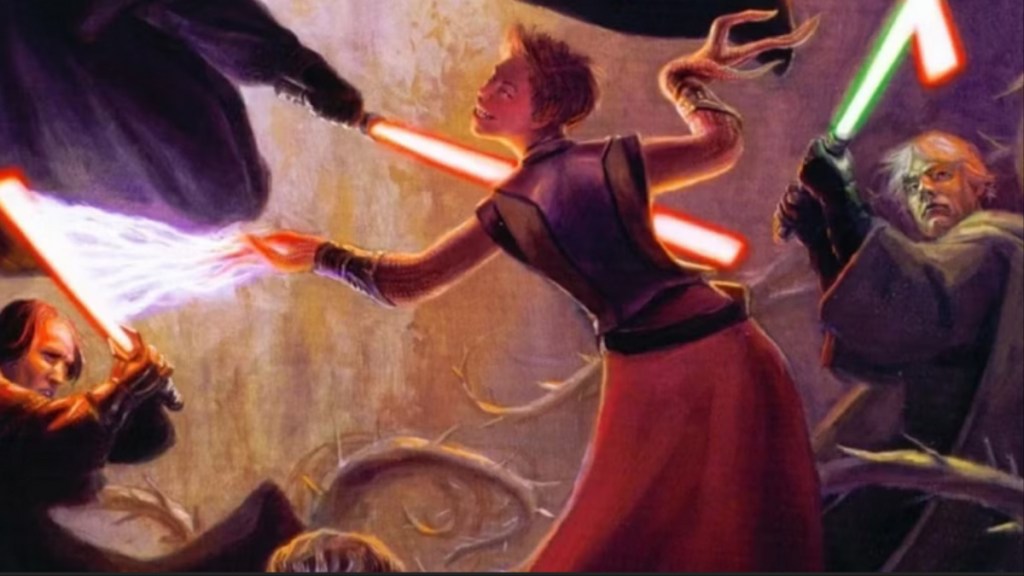 Abeloth battling a Sith and Luke Skywalker