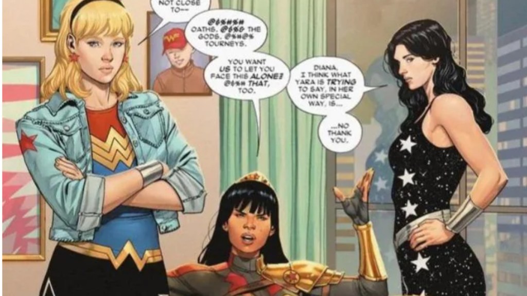 Cassie Sandsmark, Yora Flor, and Donna Troy talking together in Tom King's Wonder Woman