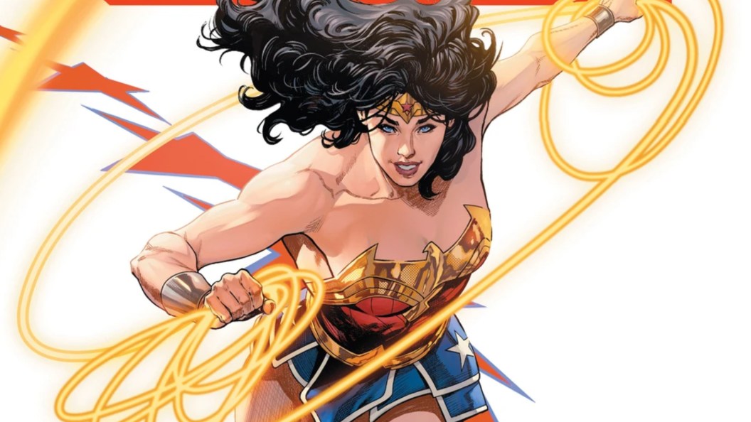 Wonder Woman swinging the Lasso of Truth and smiling on the cover to Tom King's Wonder Woman