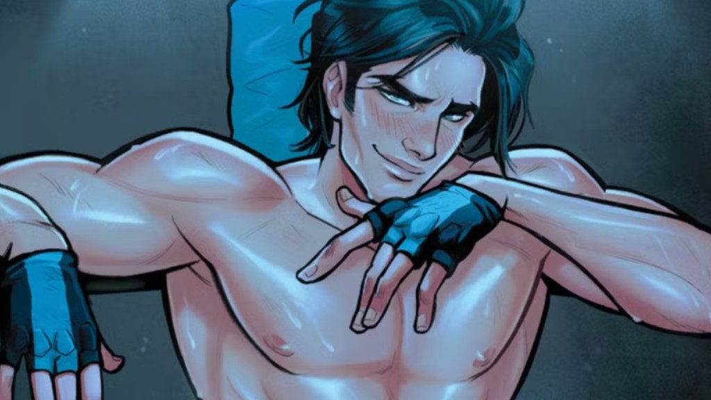 Nightwing shirtless looking seductively at the viewer