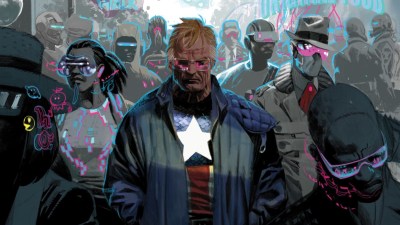 Captain America, walking down the street surrounded by people from promo images for Avengers: Twilight