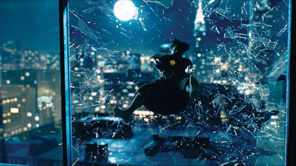 The Comedian getting thrown through a window in the Watchmen movie