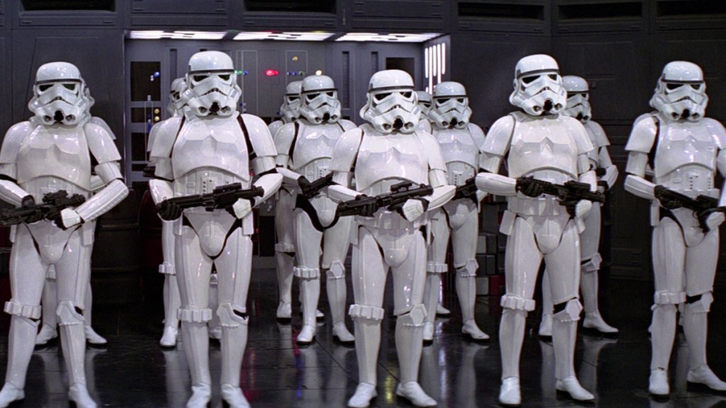 A group of Stormtroopers standing at attention on the Death Star from Star Wars: Episode IV: A New Hope