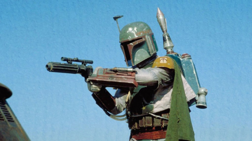 Boba Fett pointing his blaster rifle at Luke Skywalker in Star Wars: Episode VI: Return of the Jedi