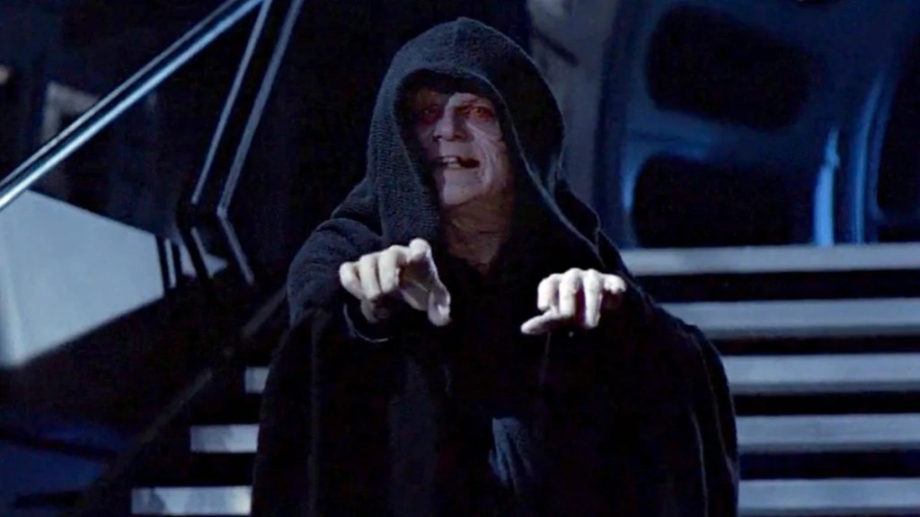 Emperor Palpatine preparing to unleash his Force Lightning in Star Wars: Episode VI: Return of the Jedi