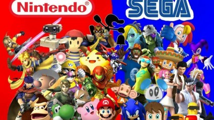 Nintendo and Sega characters side by side in a Nintendo vs Sega poster