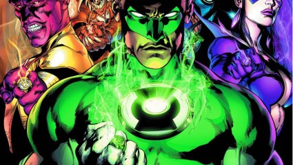 Hal Jordan brandishing his power ring, with Sinestro and Star Sapphire behind him