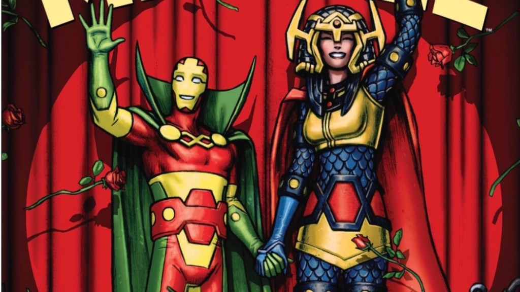 Senhor Miracle e Big Barda no palco, com flores sendo jogadas contra elas de Tom King e Mither Miracle 'Miracle, de Mitch Gerads