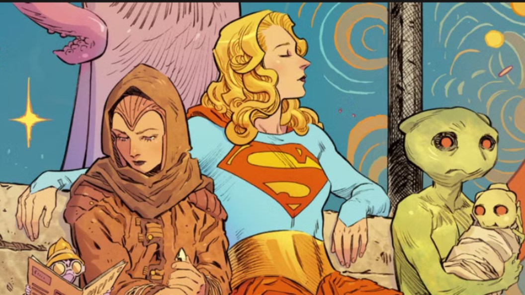 Supergirl, Ruthye, and an alien sit on a bench in Tom King and Bilquis Evely's Supergirl: Woman of Tomorrow