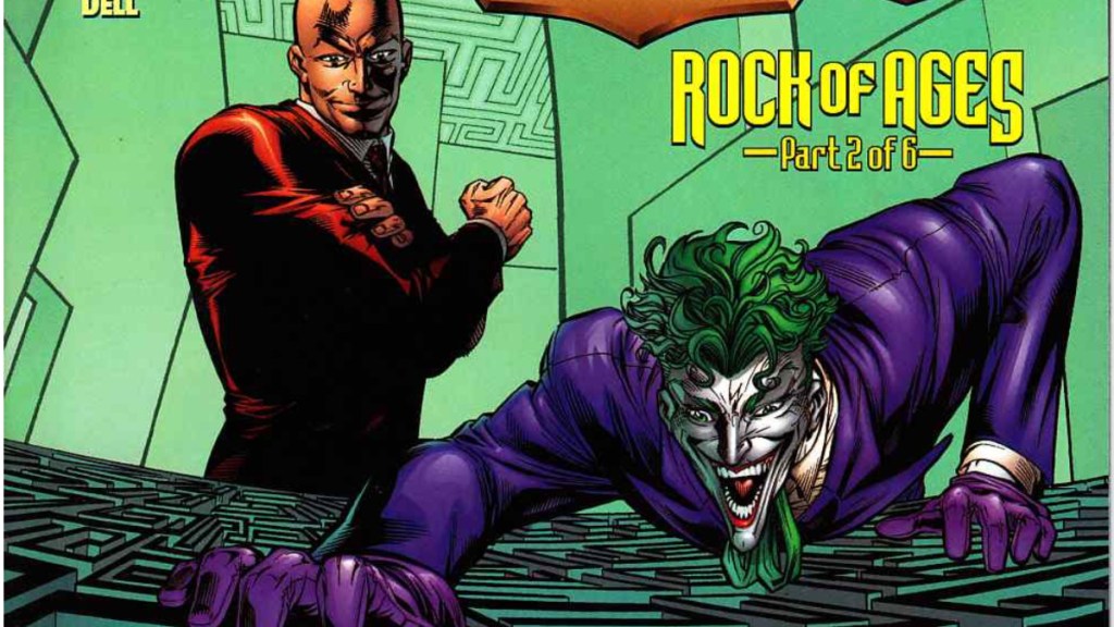 Lex Luthor and the Jokr looking down into a maze in JLA: Rock of Ages