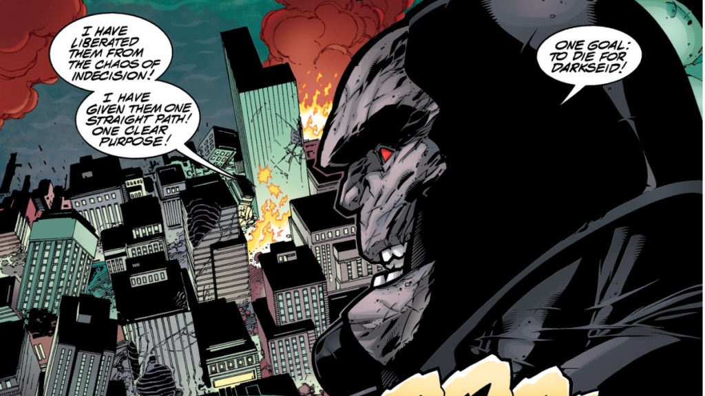 Darkseid talking to a burning Metropolis from his ship