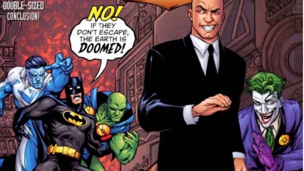 Lex Luthor and the Joker walking away from Batman as he holds Superman and Martian Manhunter back in JLA: ROck of Ages