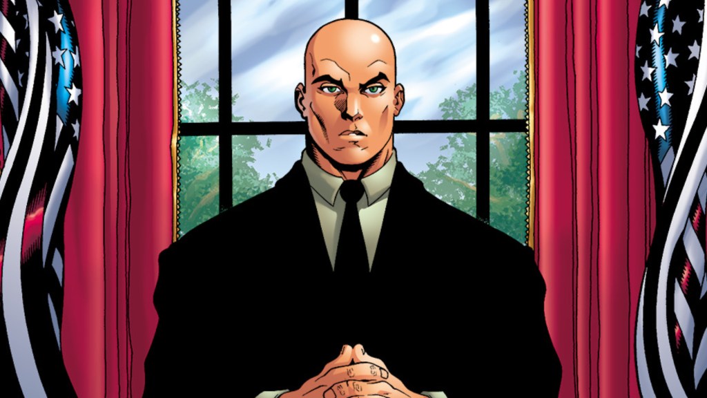 President Lex Luthor sitting in the Oval Office