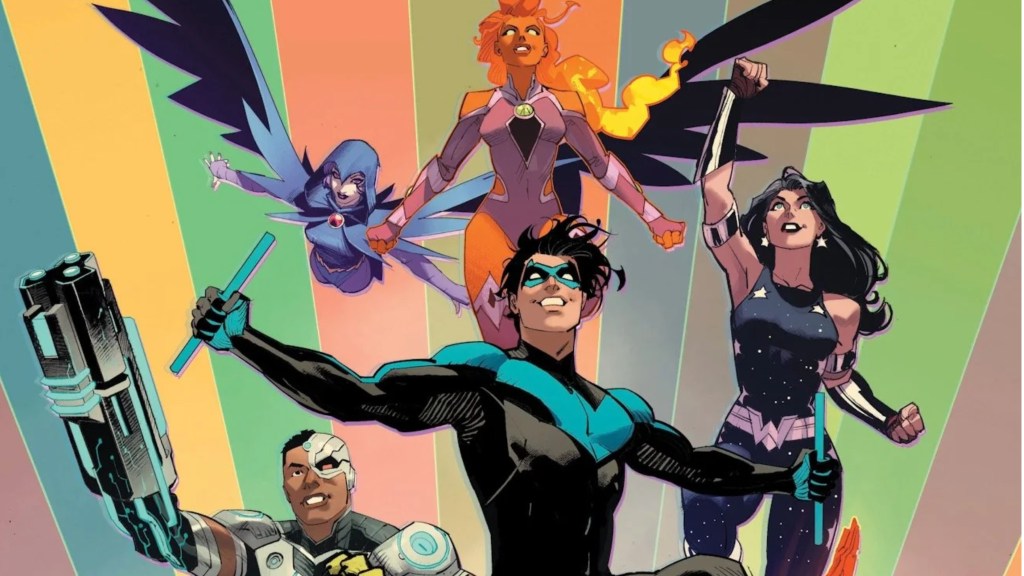 The Titans - Cyborh, Raven, Nightwing, Starfire, and Donna Troy - moving together towards the future