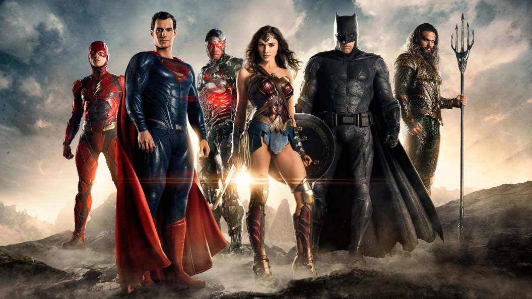 The DCEU Justice League - Flash, Superman, Cyborg, Wonder Woman, Batman, and Aquaman - standing together