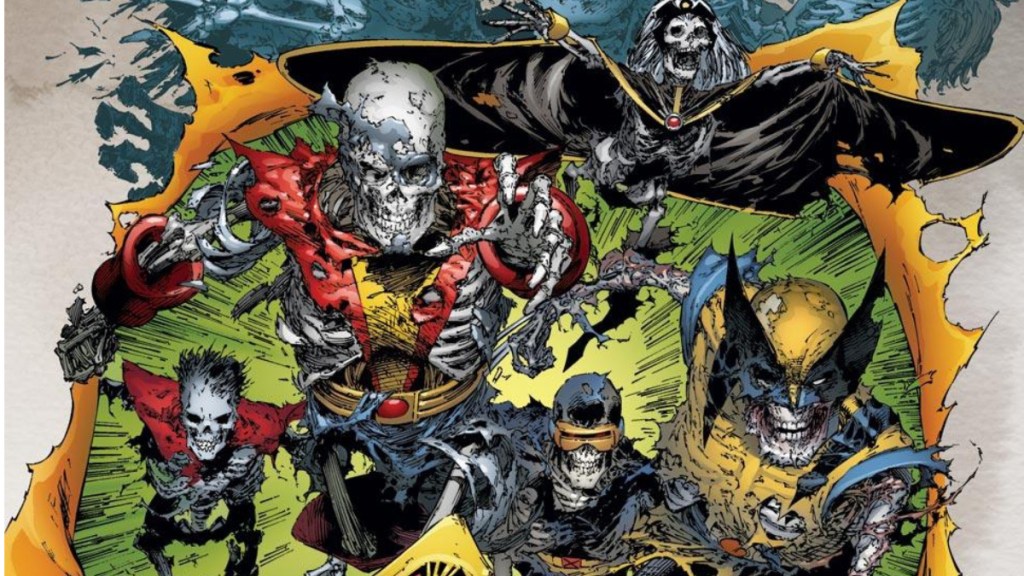 The cover to X-Men: Deadly Genesis, featuring skeletons of Colossus, Nightcrawler, Cyclops, Wolverine, and Storm