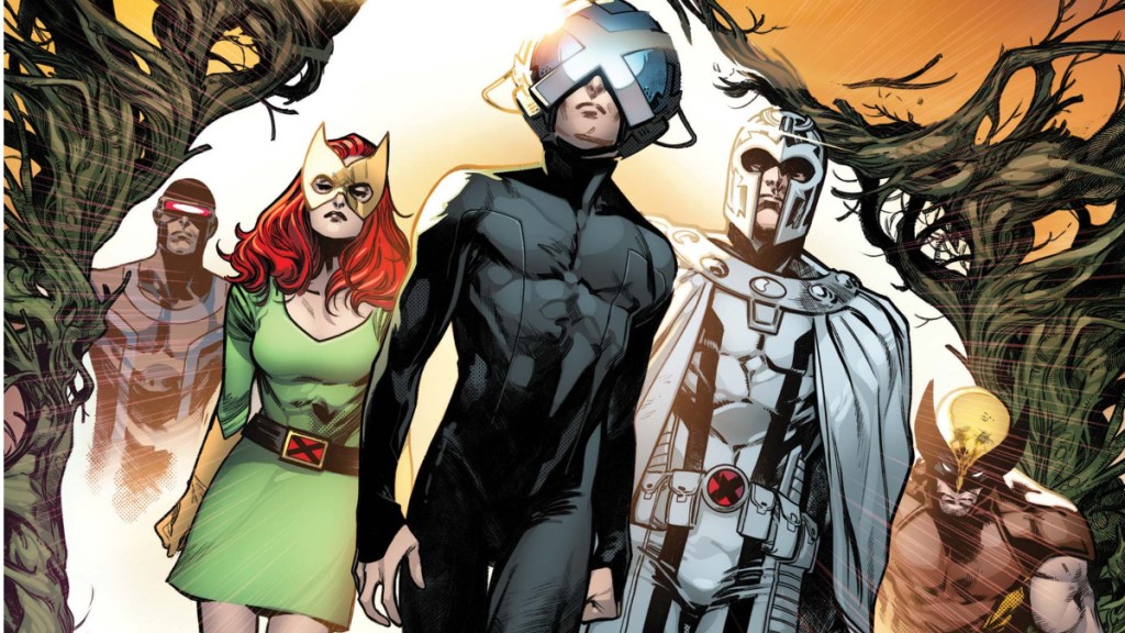 Cyclops, Jean Grey, Professor X, Magneto, and Wolverine walking out of a Krakoan portal on the cover to House of X #1