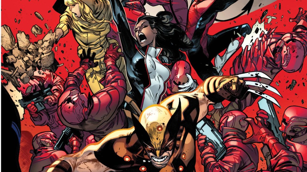 Wolverine, Husk, and M battling Orchis troops on the cover to House of X #4