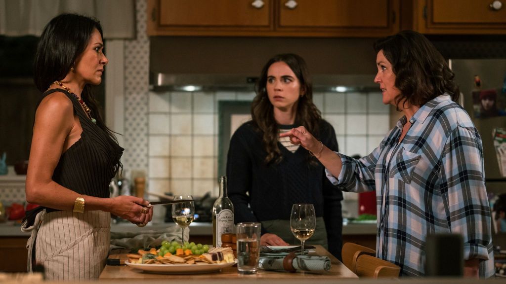 Simone Kessell as Lottie, Sarah Desjardins as Callie Sadecki and Melanie Lynskey as Shauna in Yellowjackets, episode 3, season 3