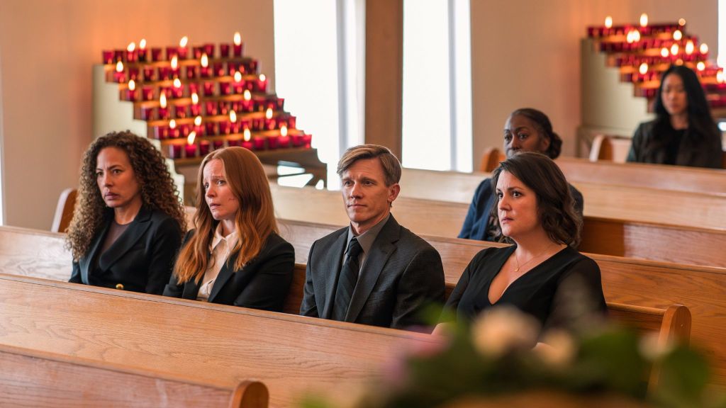 Tawny Cypress as Taissa, Lauren Ambrose as Van, Warren Kole as Jeff Sadecki and Melanie Lynskey as Shauna in Yellowjackets, episode 1, season 3