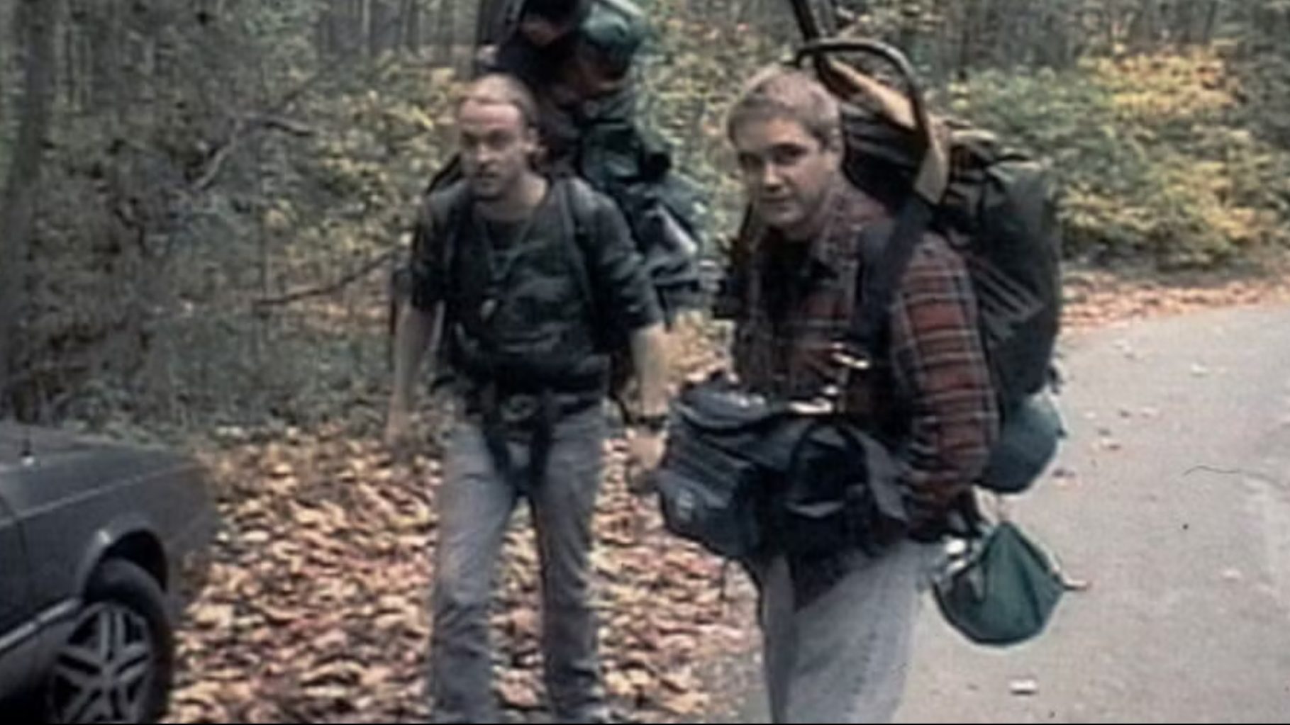 Mike and Josh get ready to hike into the woods. 