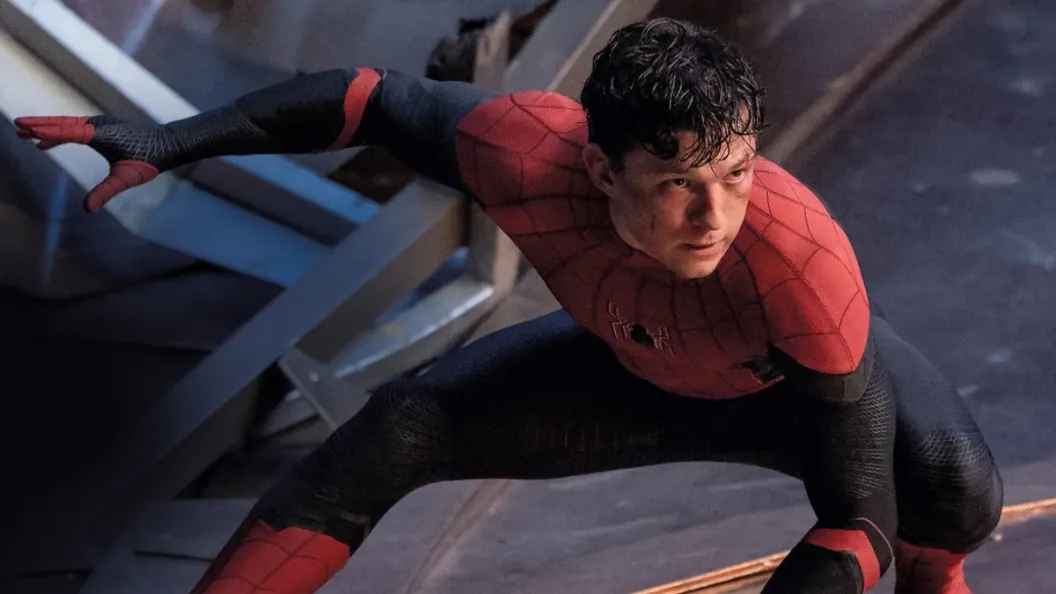 Spider-Man stands in front of a mural of Mysterio and Green Goblin