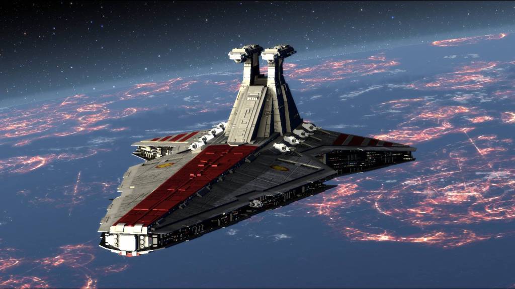 A Venator-class Star Destroyer above the planet Coruscant