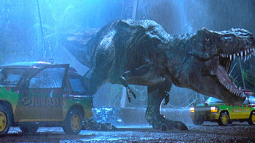 The T-Rex roars as it breaks loose from its paddock in Jurassic Park