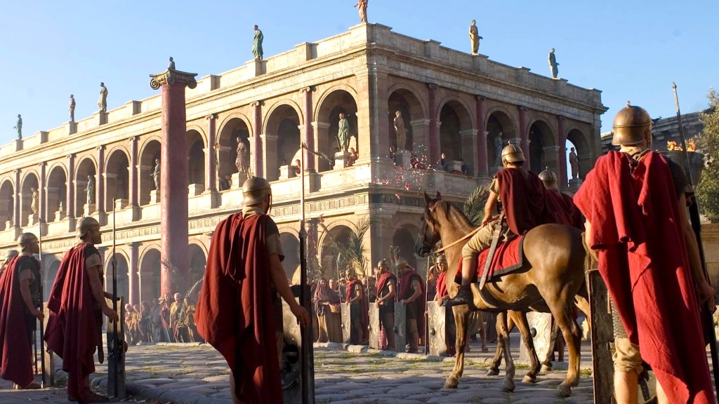 City of Rome with soldiers standing around in TV series Rome