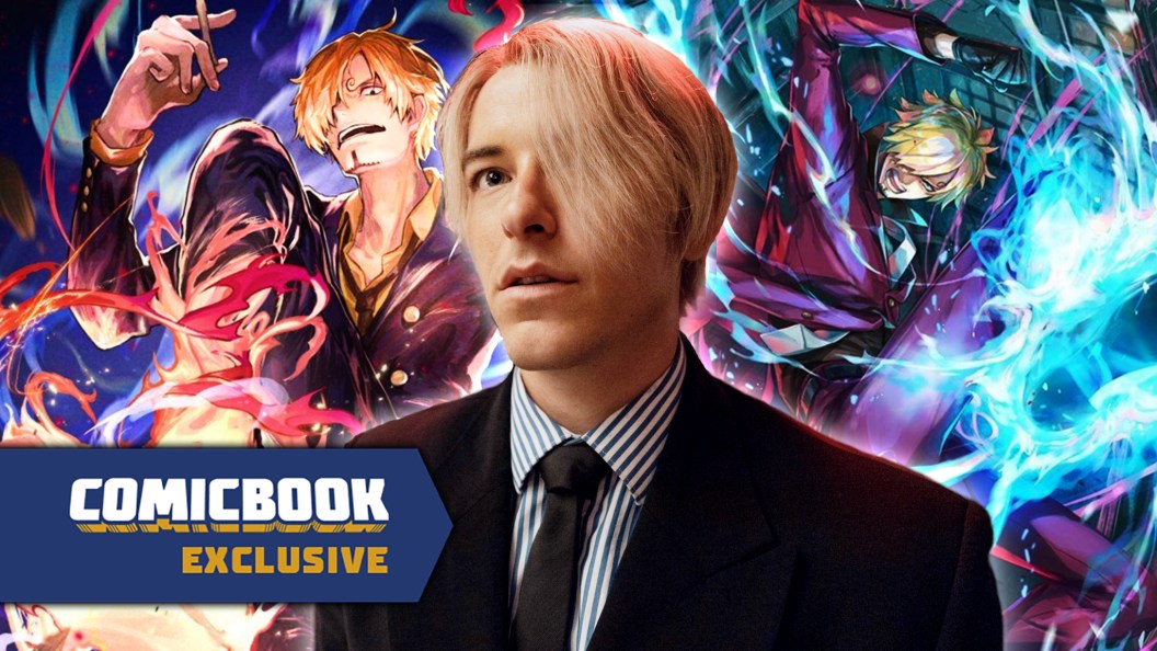 taz skylar as sanji in one piece with shots of sanji from the one piece card games in the background comicbook exclusive banner