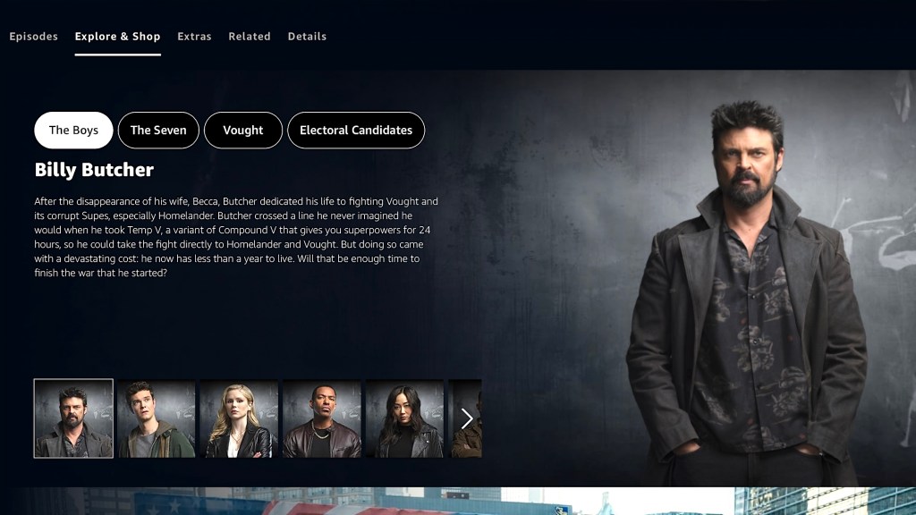 Billy Butcher on The Boys "Explore & Shop" tab on Prime Video