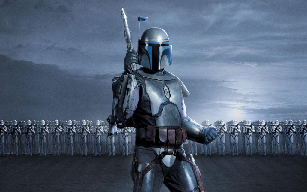 Jango Fett holding his gun and standing in front of ranks of clonetroopers
