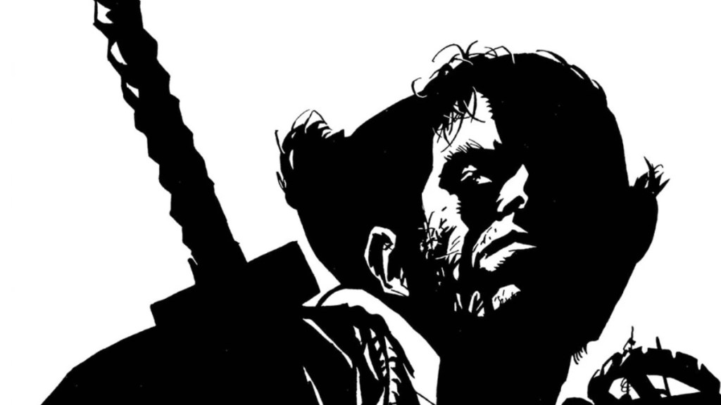 Wolverine with a sword over his shoulder in black and white from Logan: Path of the Warlord