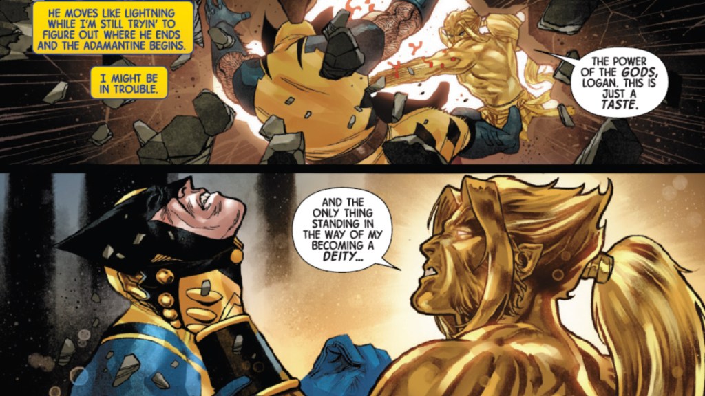 Romulus strangles Wolverine while talking about the Adamantine in Wolverine #7