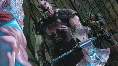 Skurge guarding the gate to Utgard against Thor with Thanos waiting in the wings in Immortal Thor #21