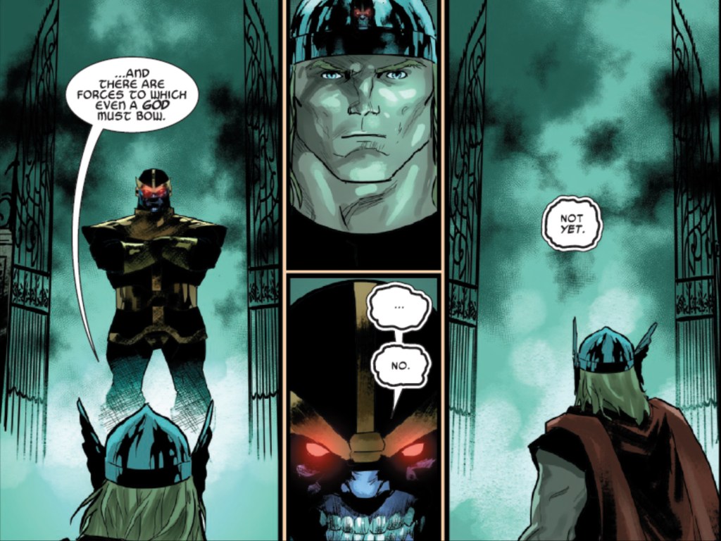 Thor at the gates of Utgard, with Thanos as Death barring the door and then disappearing when Thor is ready to enter in Immortal Hulk #21