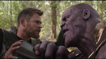 Thor trying to stab Thanos in Avengers Infinity War