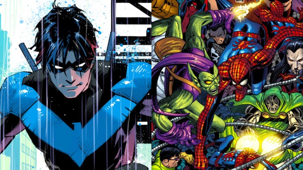 A split image of Nightwing and Spider-Man