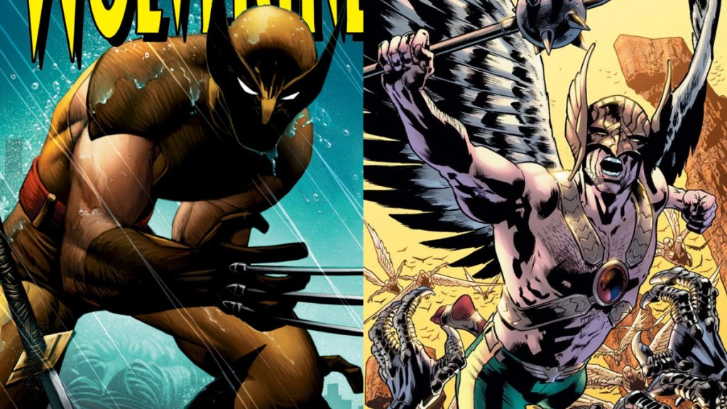 A split image of Wolverine and Hawkman