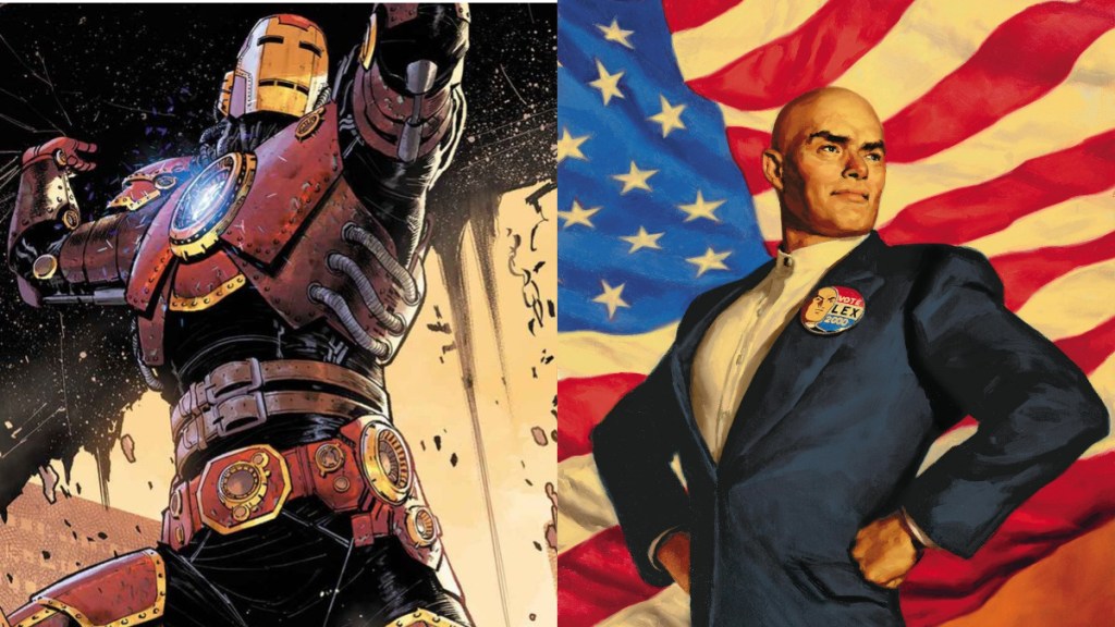 A split image of Iron Man and Lex Luthor