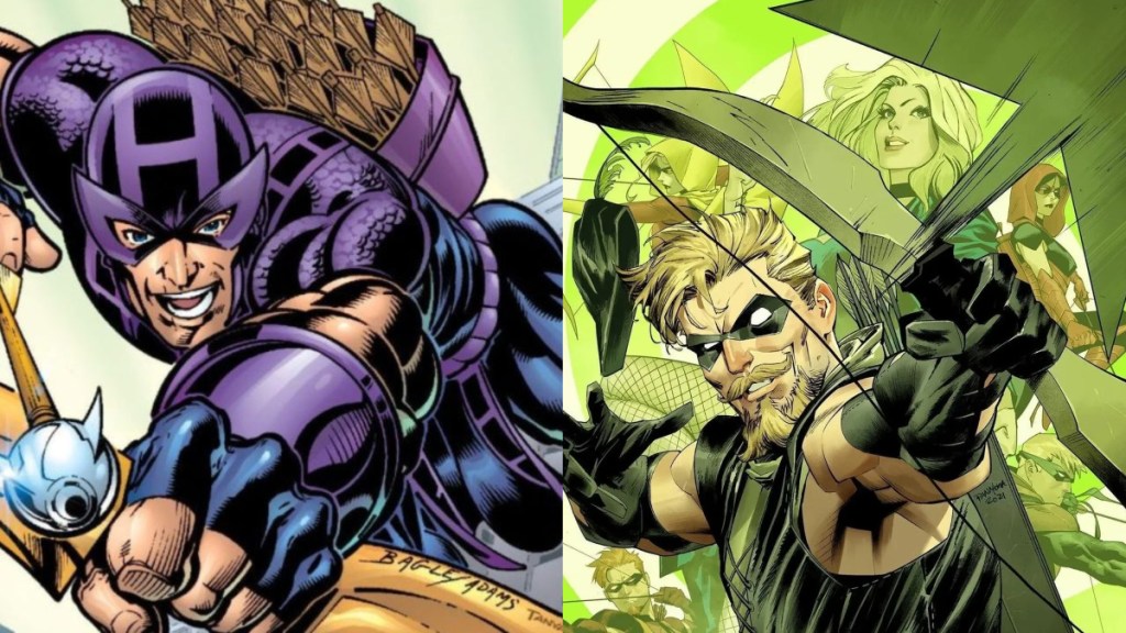 A split image of Hawkeye and Green Arrow